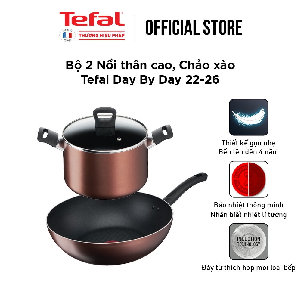 Combo Tefal Day By Day Nồi thân cao 22cm &amp; Chảo xào 26cm