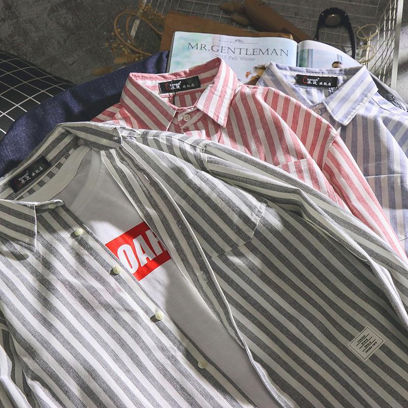 Áo Sơ Mi Tay Dài Kẻ Sọc Dọc Phong Cách Nhật Hàn Mới Cho Nam Và Nữ