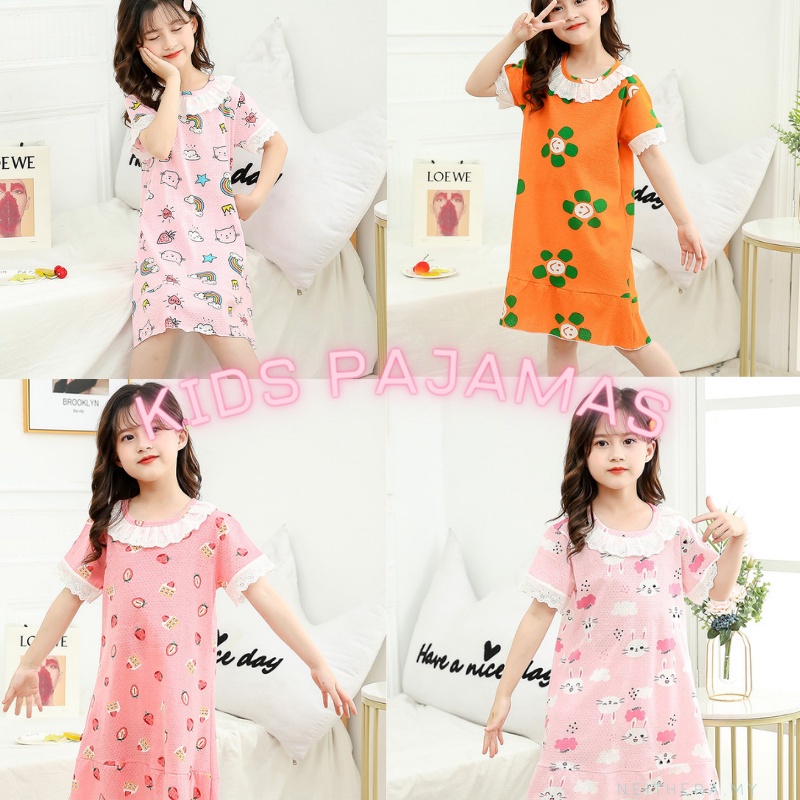 Đồ ngủ dáng chữ A chất liệu cotton phối ren in họa tiết hoạt hình 2021 dành cho bé gái 2-12 tuổi