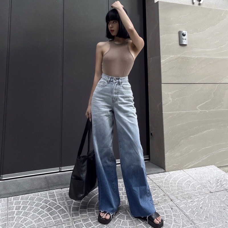 Quần jean nữ ống rộng màu xanh loang chất dày mịn , không có dãn chuẩn size 40-52kg HUYNE Denim