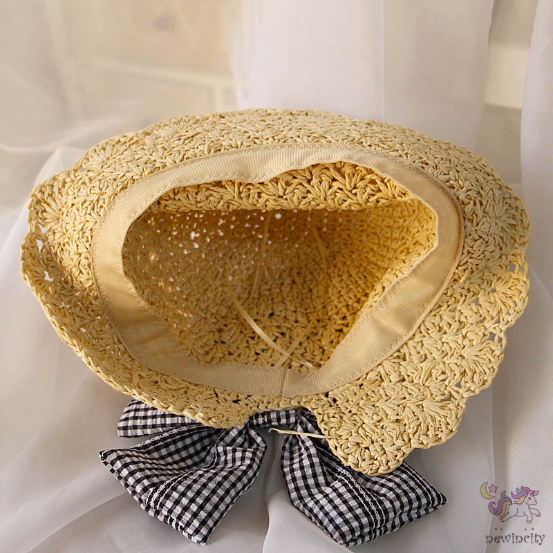 Mũ Cói Thắt Nơ Kẻ Sọc Caro Đáng Yêu Cho Bé Gái