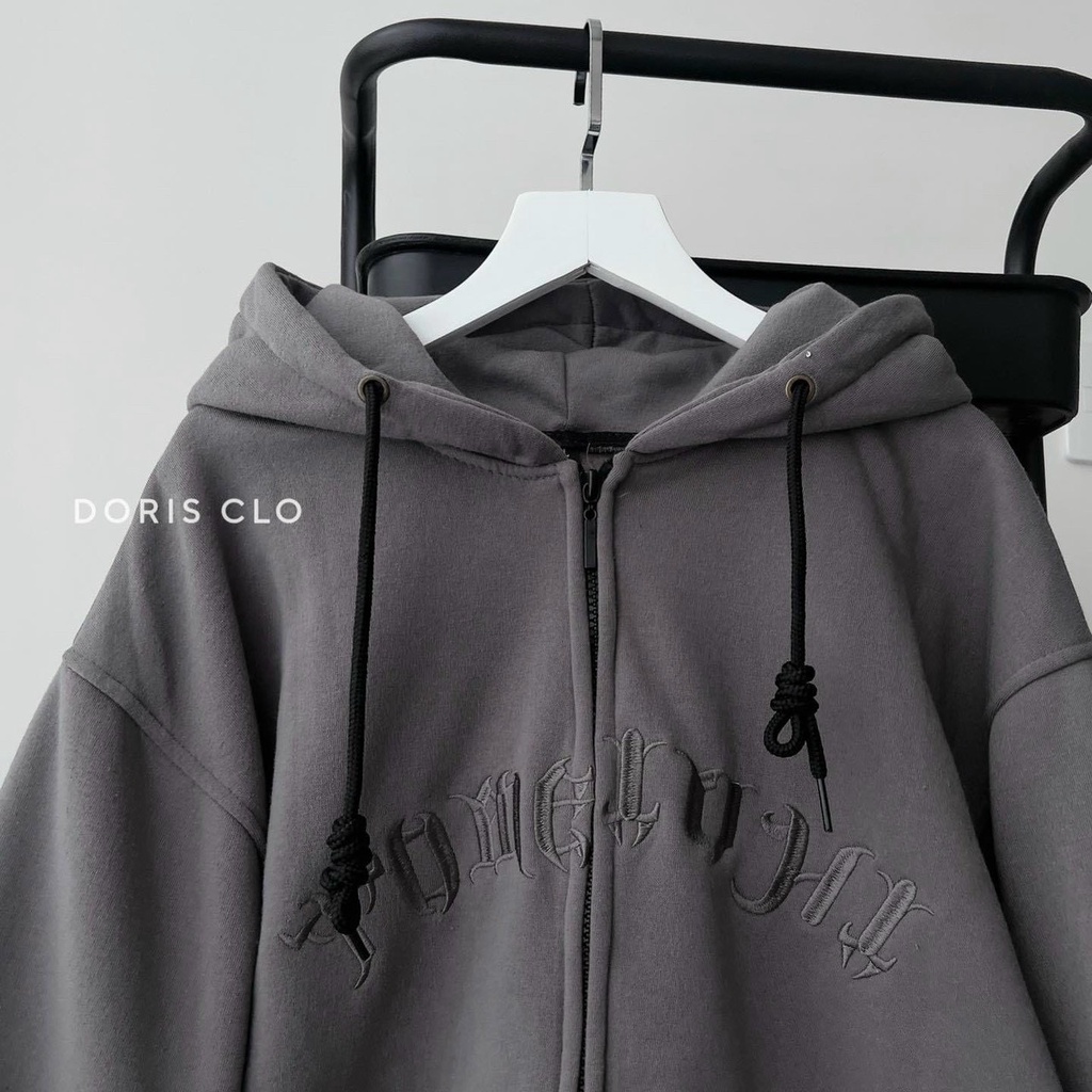 Áo khoác nỉ hoodie chống nắng chui đầu màu xám có túi trước form rộng vải dày đẹp