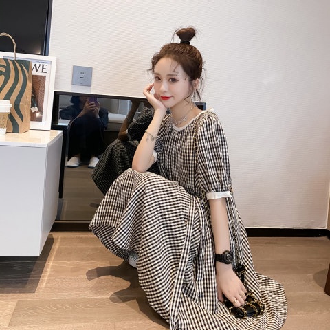 Đầm Tay Ngắn Cổ Tròn Họa Tiết Kẻ Sọc Phong Cách Hàn Quốc Thời Trang Mùa Hè Mới Cho Nữ