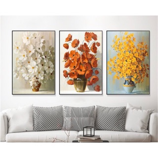 Bộ 3 tranh canvas bình hoa nghệ thuật 40cm x 60cm - khung viền đen - SR132