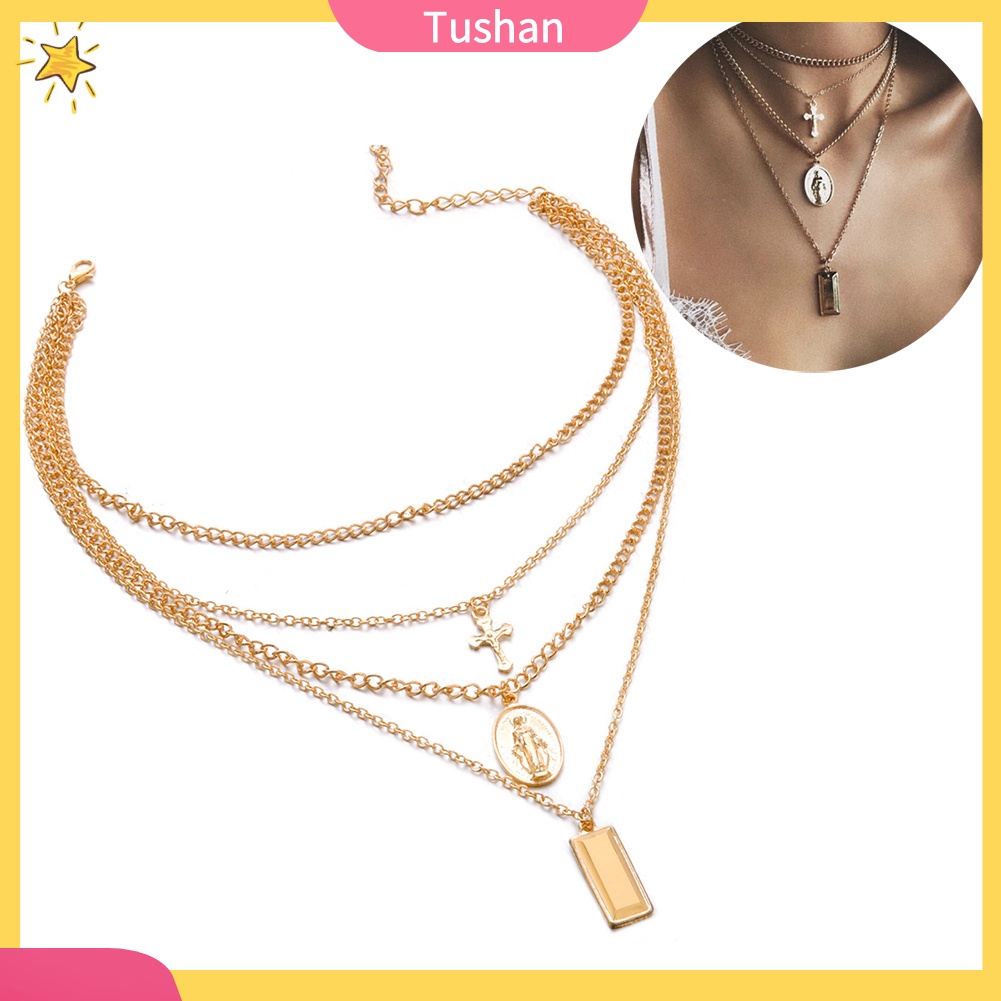 Vòng cổ choker mặt chữ thập nhiều lớp phong cách retro