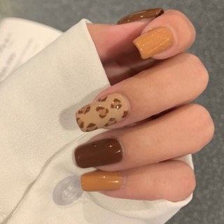 [Hàng mới về] Móng tay giả dán keo in họa tiết da beo tông màu vàng hoàn chỉnh
