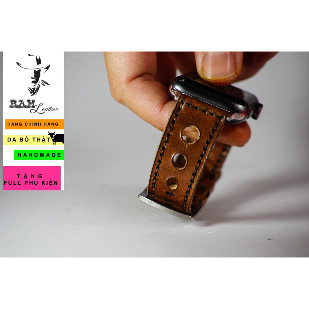 Dây đồng hồ da bò cao cấp nâu đỏ kiểu thoáng khí RAM Leather d3 cực đẹp - tặng khóa chốt và cây thay dây