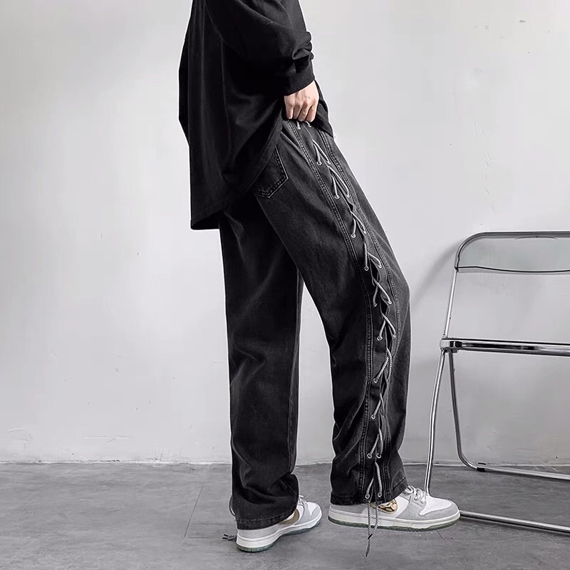 Quần bò jeans ống rộng đan dây eo chun hiphop Ulzzang siêu chất ❤️