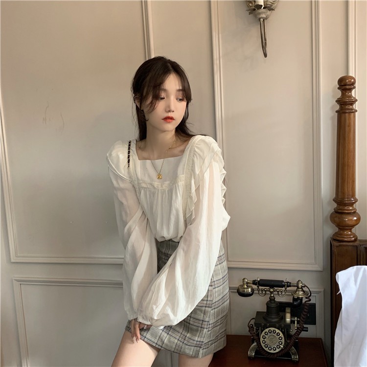 Áo sơ mi nữ voan tay phồng phối bèo vai cánh tiên điệu đà vintage Hàn Quốc