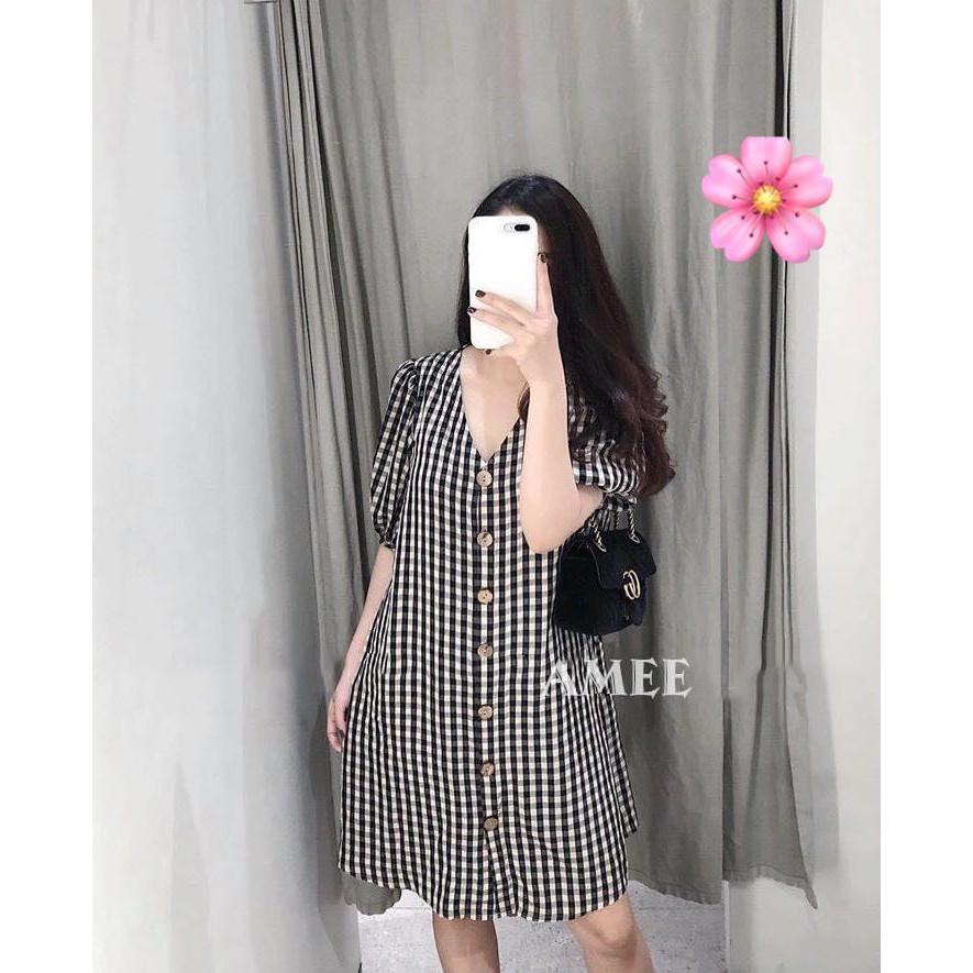Váy Kẻ Ô Cúc Gỗ - Đầm dáng xuông dài tay phồng lỡ cổ V nữ SIÊU ĐẸP