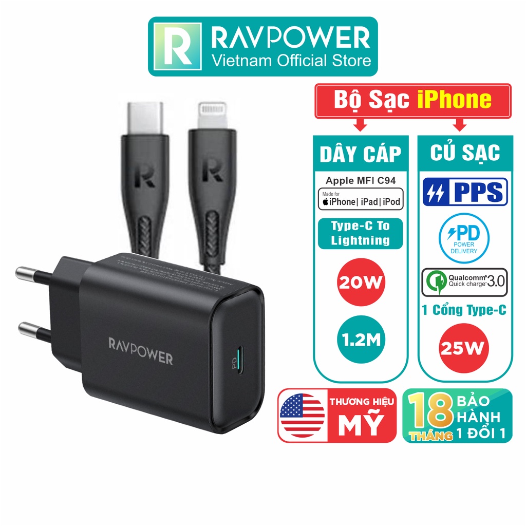 Combo Củ Sạc Nhanh iPhone, iPad 25W Type C RAVPower RP-PC156-B và Cáp Type C to Lightning MFI 20W Dài 1.2M RP-CB1017-B