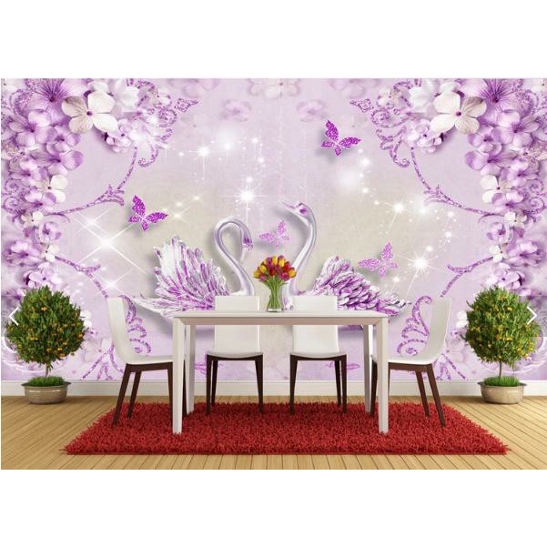 Tranh dán tường 3d phòng kháchchim Thiên Nga uyên ương