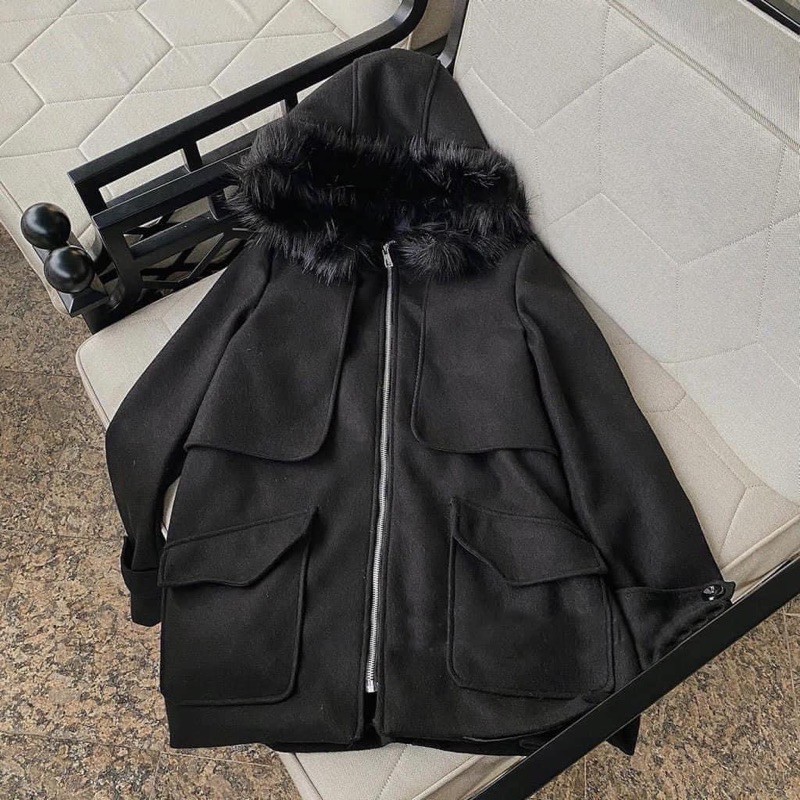 ANU49 - ÁO KHOÁC NỮ DẠ ĐEN KHOÁ CỔ LÔNG | BigBuy360 - bigbuy360.vn