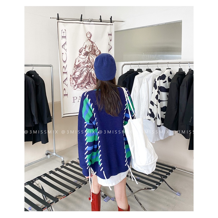 Áo khoác cardigan cổ chữ V dáng rộng phối dây rút in màu thời trang thu đông Hàn Quốc cho nữ