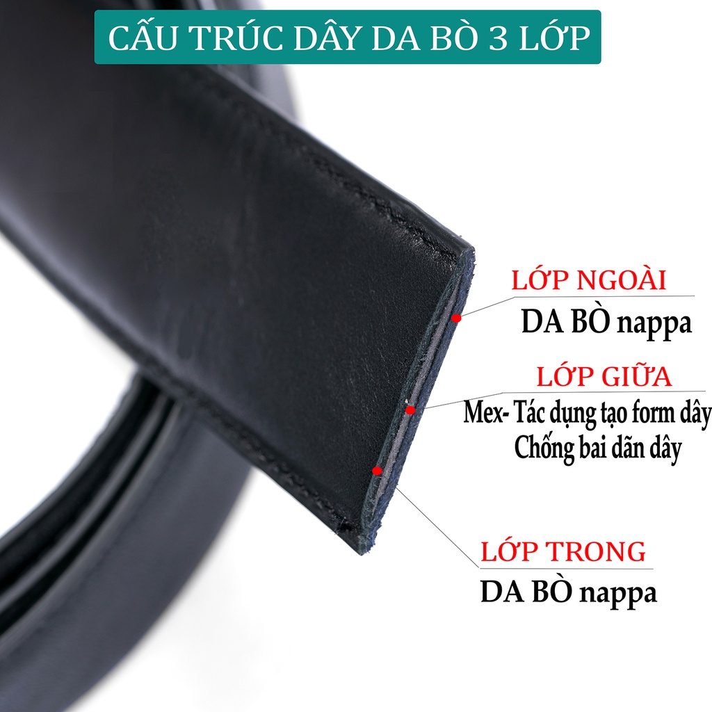 Thắt lưng nam da bò 3 lớp L104 màu đen khoá tự động nhiều mặt lựa chọn Bụi leather bảo hành 12 tháng