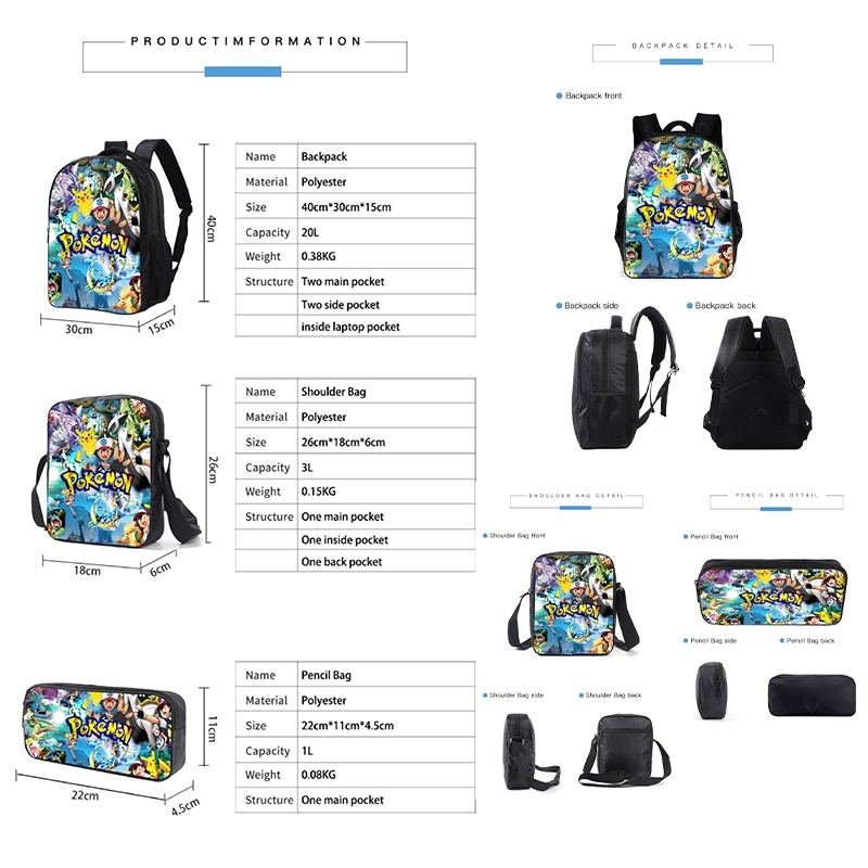 Set 3 Món Gồm Ba Lô + Túi Đeo Vai + Túi Đựng Bút In Hình Pikachu Phong Cách Đường Phố Thoáng Khí Và Thoải Mái