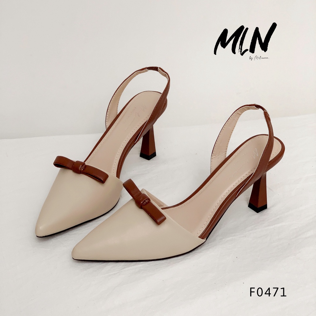 GIÀY CAO GÓT NỮ SLINGBACK GÓT NHỌN 5P BÍT MŨI DA MỀM PHỐI NƠ NHỎ HÀN QUỐC F0471