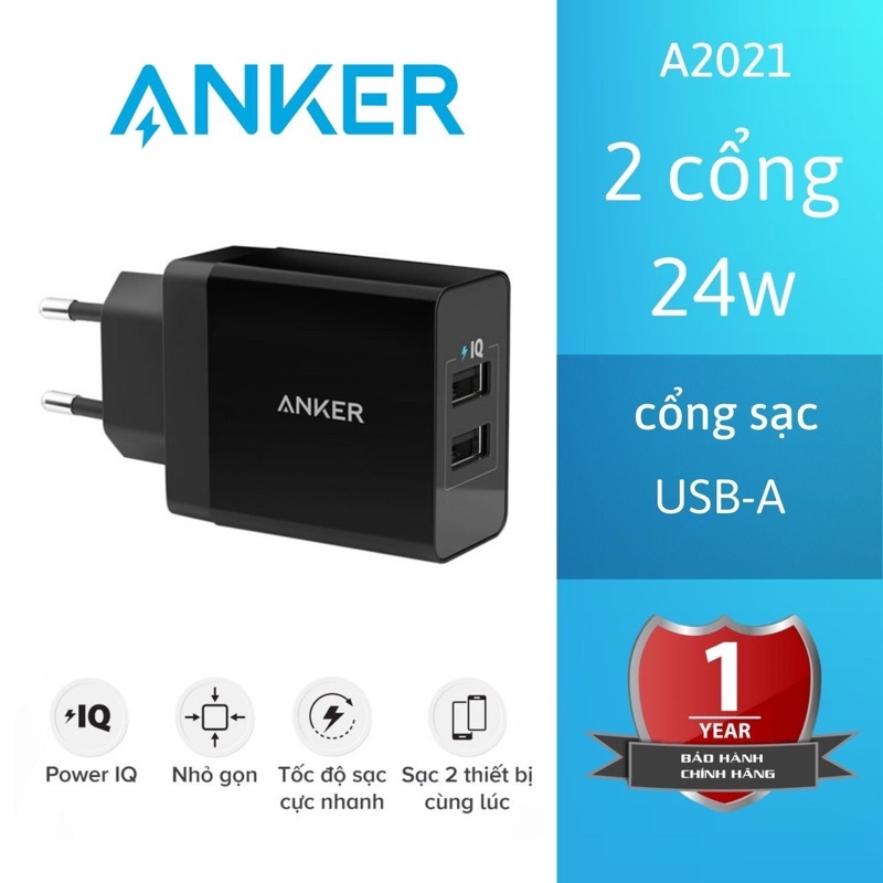 Củ sạc Anker 2 cổng 24w PowerIQ và VoltageBoost