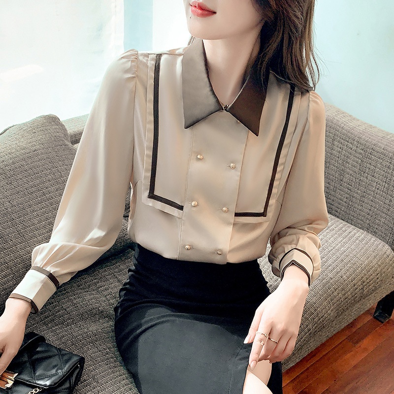 Áo sơ mi voan tay dài màu sắc tương phản phong cách retro Hàn Quốc thời trang thu đông 2021 cho nữ