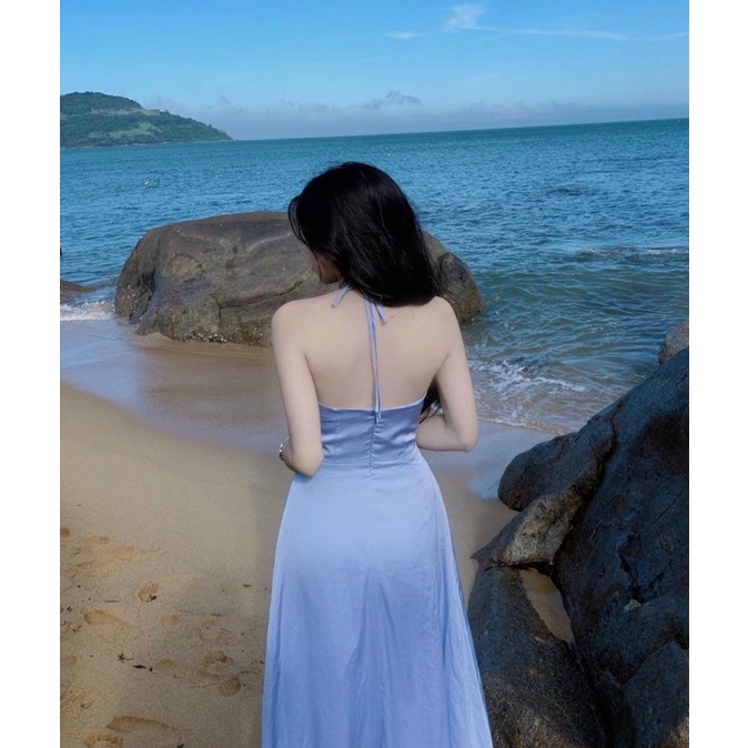 ĐẦM MIDI XANH CỔ V DÂY YẾM