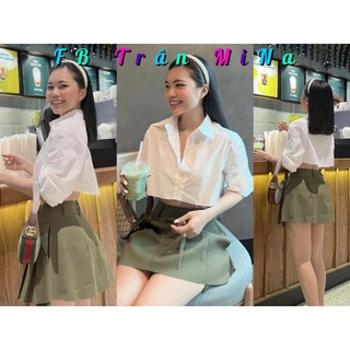 Set crop sơ mi trắng + chân váy xanh xoè