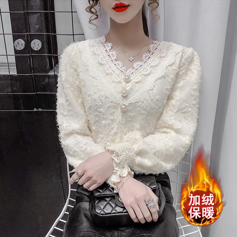 Áo sơ mi tay dài phối ren hoa phong cách thu đông thời trang cho nữ