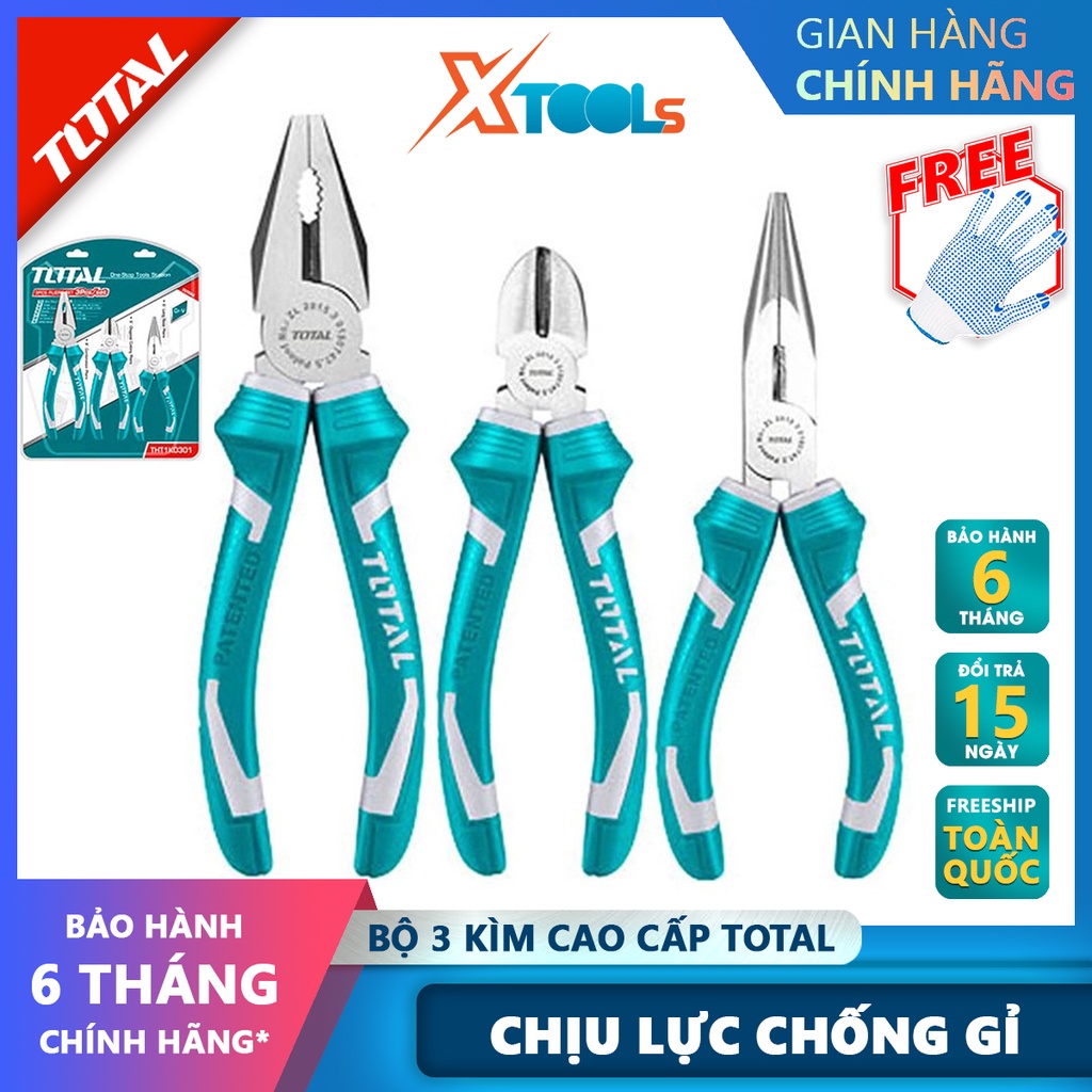 Bộ kìm cắt, kìm điện và kìm mỏ nhọn TOTAL THT1K0301 | bộ 3 kềm cắt, kềm răng và kềm mỏ dài gồm 3 cây kìm kềm răng 8 inch