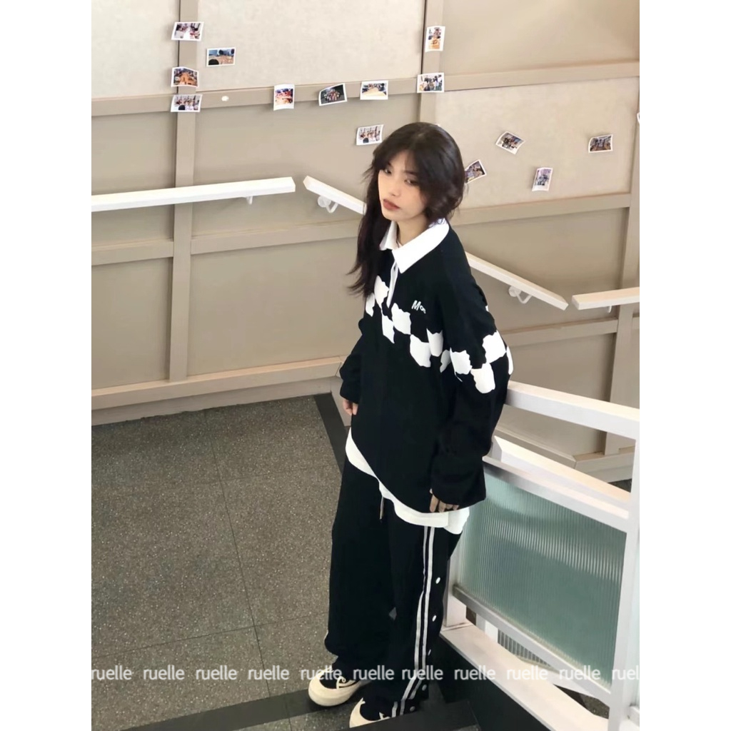 Áo Nỉ Nữ Dài Tay Cổ Bẻ Form Rộng Thời Trang Hàn Mới