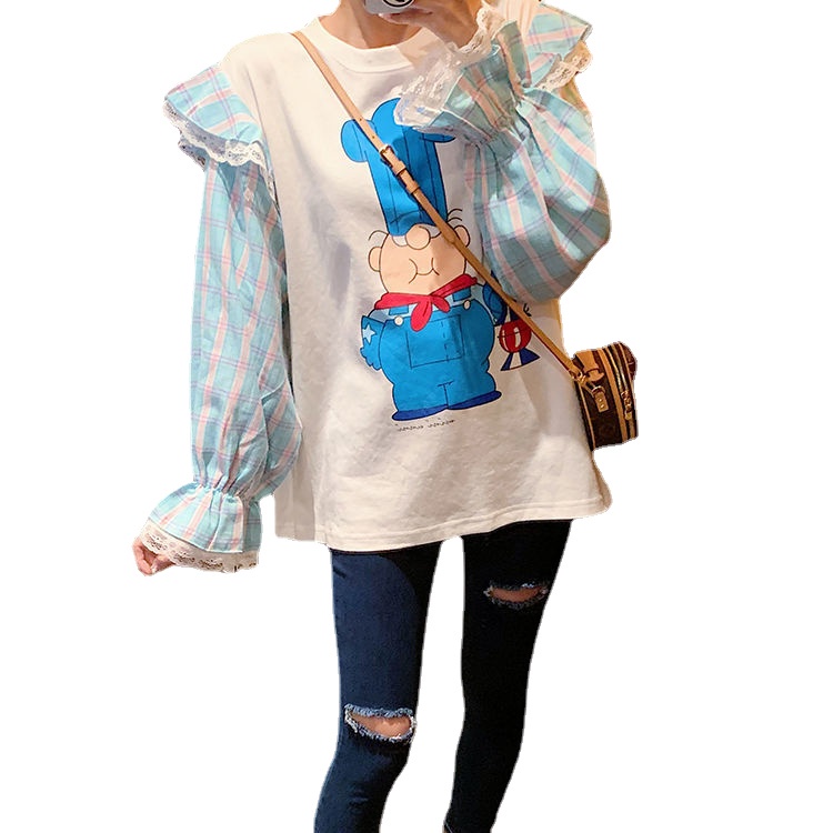 Áo Thun Cotton Tay Dài Phối Ren Giả Hai Lớp Họa Tiết Sọc Caro Màu Hồng Xanh Dương Thời Trang Mùa Thu Cho Nữ