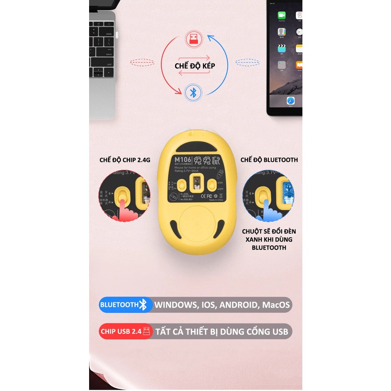 Chuột không dây M106 kết nối bằng Bluetooth và chip 2.4G siêu tiết kiệm pin, màu sắc cá tính thiết kế nhỏ gọn