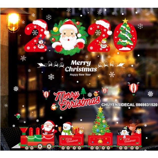 Combo decal dán tường Noel - 2020 kết hợp Xe đoàn đỏ ( 2 tấm )