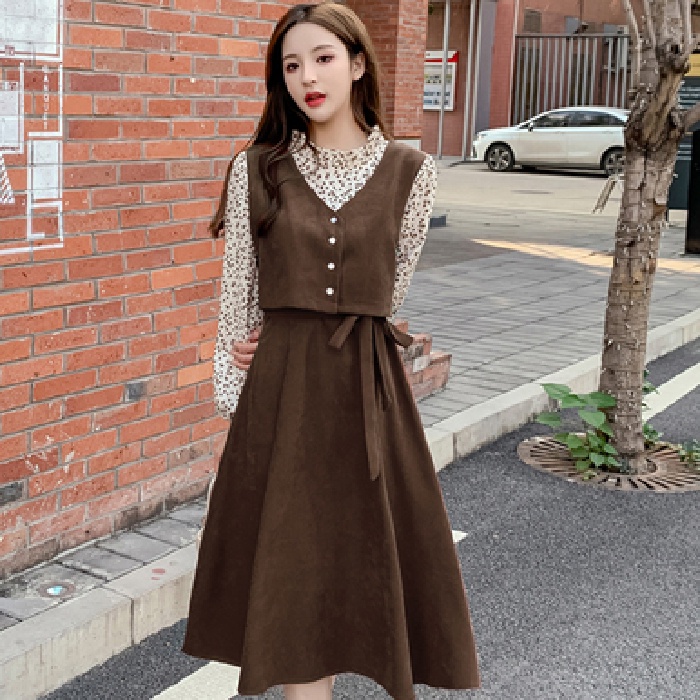 Đầm PERTY giả hai lớp eo cao tay dài phối họa tiết hoa thời trang thu đông Hàn Quốc mới dành cho nữ