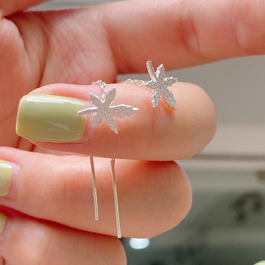 Khuyên Tai Bạc Ta Nữ CaoBac Silver Hình Lá Cần Trơn Thiết Kế Dây Rút Xinh Xắn Làm Quà Tặng Dễ Thương Cho Bạn Bái