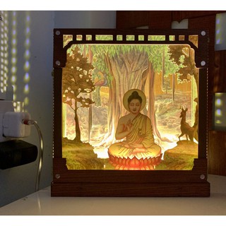 (Có đèn) Hộp Ánh Sáng Đức Phật Thích Ca Mâu Ni, Mô Hình Phật Lightbox, Tranh 3D Phật Giáo Để Bàn, Gautama Buddha