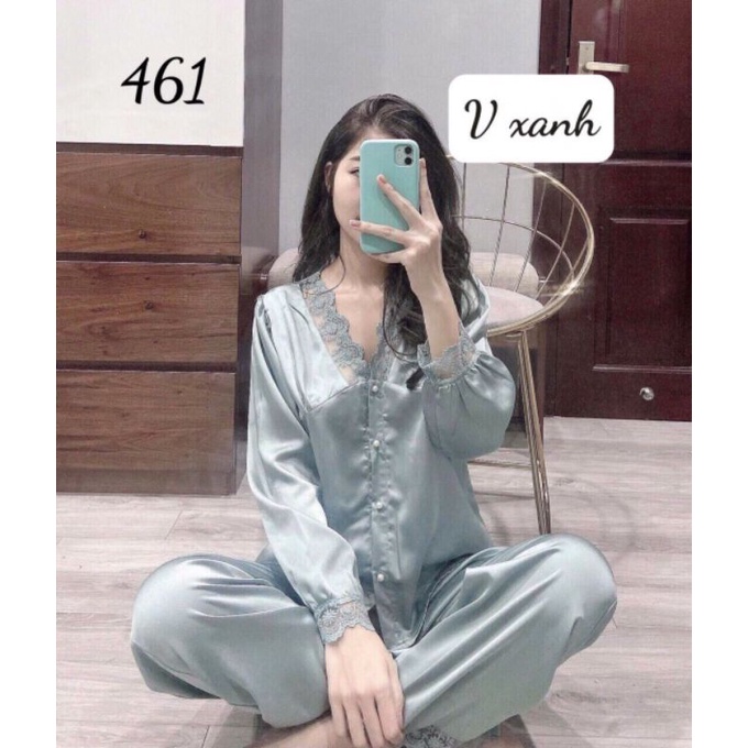Bộ ngủ pizama lụa ren, áo tay dài quần dài chất lụa không nhăn xù