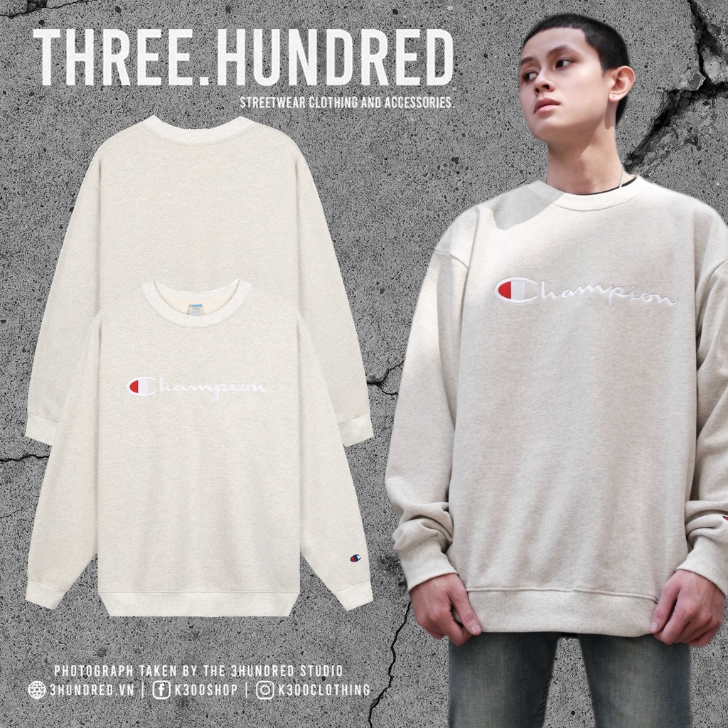 Áo Tay Dài Sweater Champion In Chữ Sắc Nét Chất Liệu NỈ Da Cá Cotton Màu Xám Nhạt From Rộng Thoải Mái Unisex Nam-Nữ