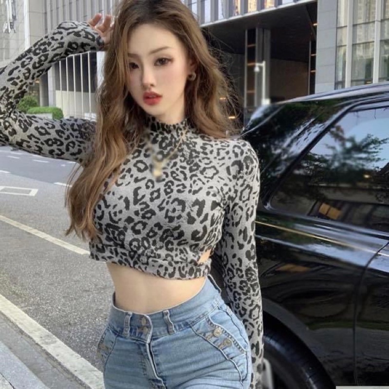 Áo thun kiểu nữ tay dài ôm sát body croptop hoạ tiết da beo cut out khoét eo - Order taobao quảng châuao