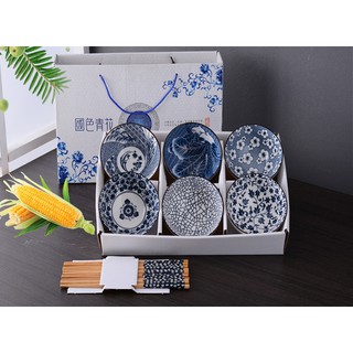 Bộ 6 chén (bát) cơm sứ phong cách Nhật Bản hoa văn sắc xưa giả cổ - Tặng 6 đôi đũa Nhật