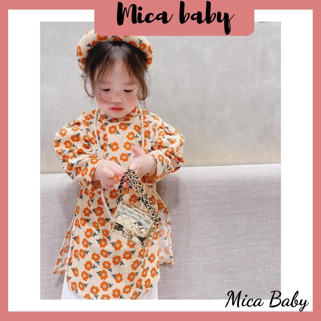 Áo dài nhung hoa vàng dễ thương cho bé gái Mica baby AD07