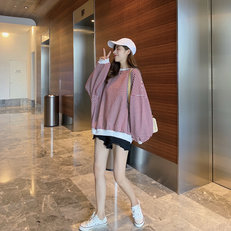 Áo Hoodie Tay Cánh Dơi Chất Liệu Cotton Mỏng Họa Tiết Kẻ Sọc Thời Trang Hàn Quốc Chất Lượng Cao Cho Nữ # 050703