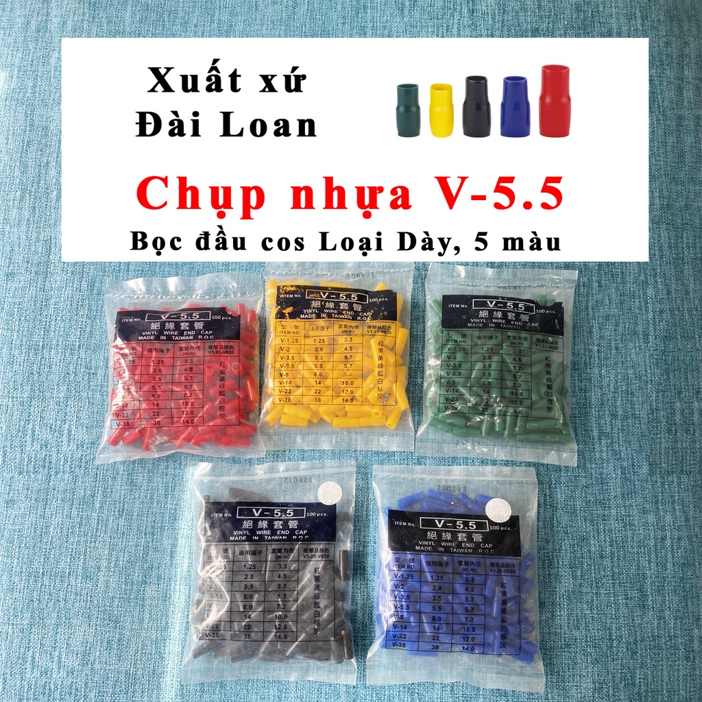Chụp nhựa đầu cos V-5.5 -Loại dày, xuất xứ Đài Loan, Đúng size Chuẩn màu, 5 màu: Đỏ-Vàng- Xanh lá cây- Xanh da trời- Đen
