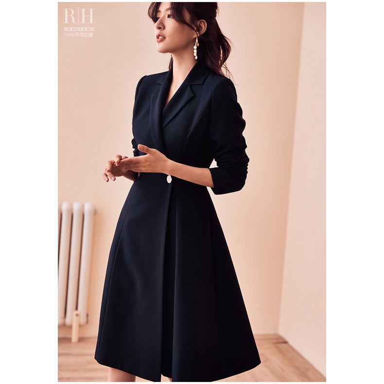 Đầm vest trơn tối giản đấp chéo dáng xòe rộng