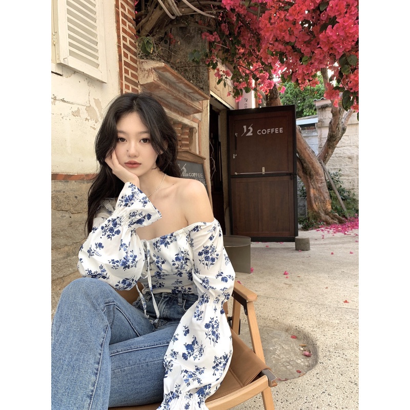 Áo Kiểu Tay Dài Cổ Vuông In Họa Tiết Hoa Thời Trang Mùa Hè Xinh Xắn Cho Nữ