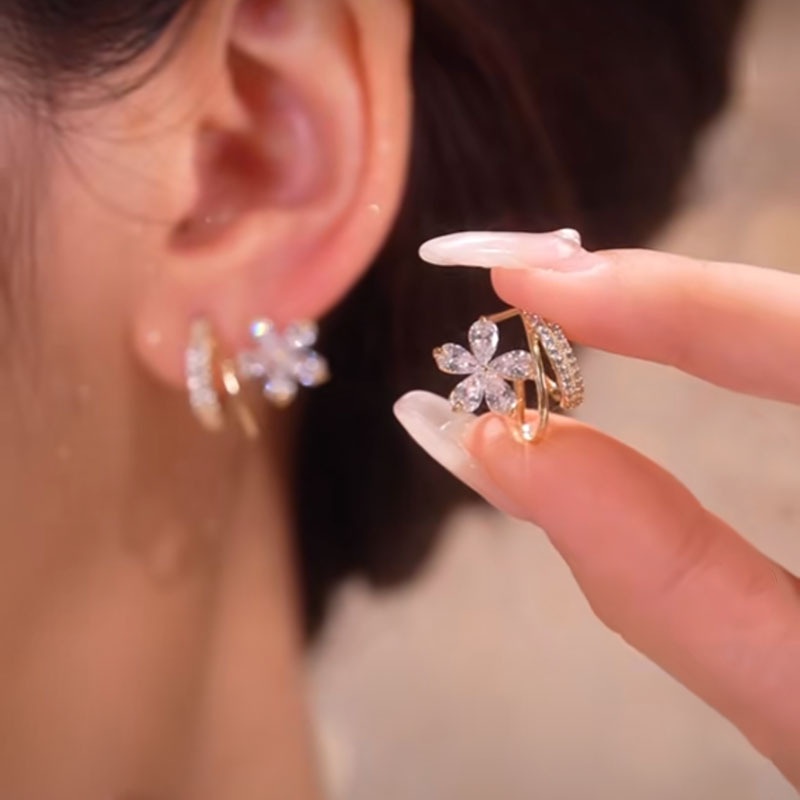 Khuyên tai RINHOO FRIENDSHIP dạng chữ u kiểu hoa đính đá đơn giản thời trang cho nữ