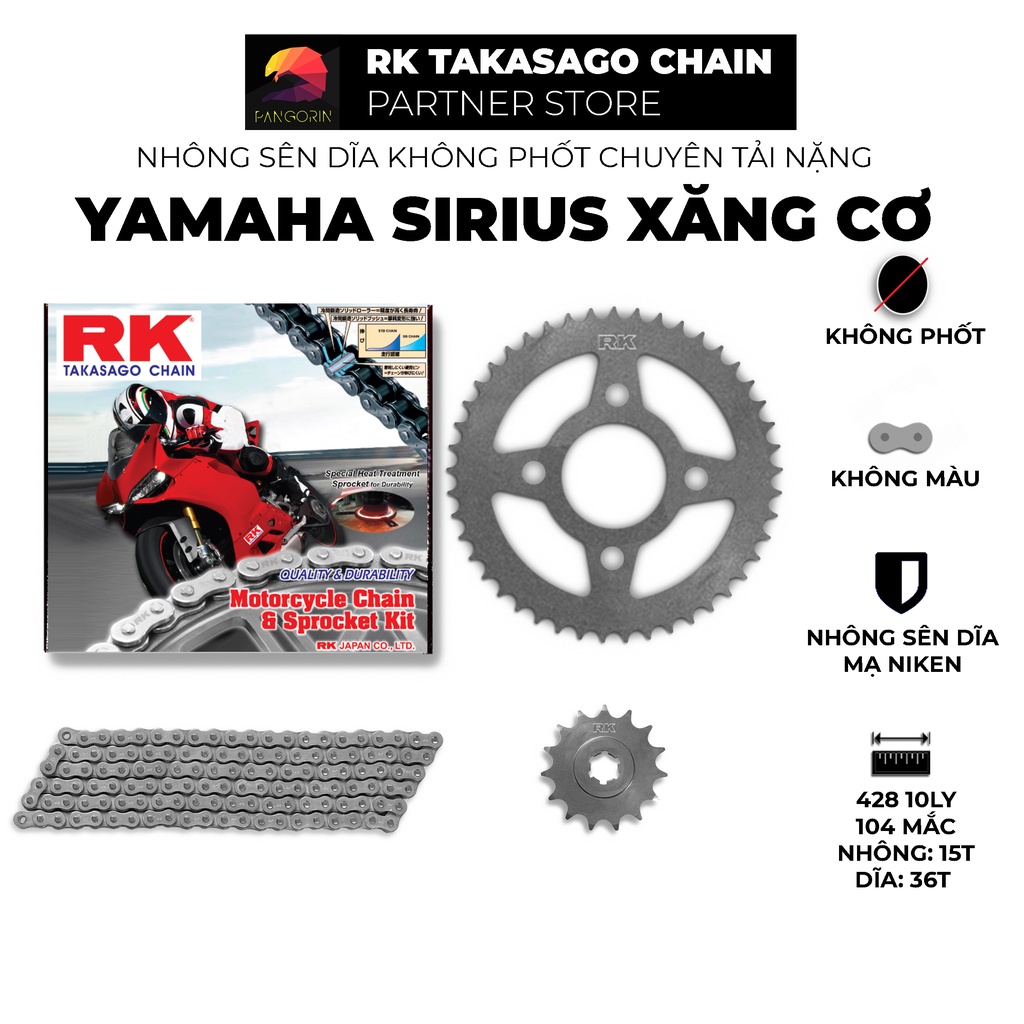 Nhông Sên Dĩa RK Takasago cho xe máy Yamaha Sirius Xăng Cơ: Nhông Dĩa thép, Sên không phốt chuyên tải nặng