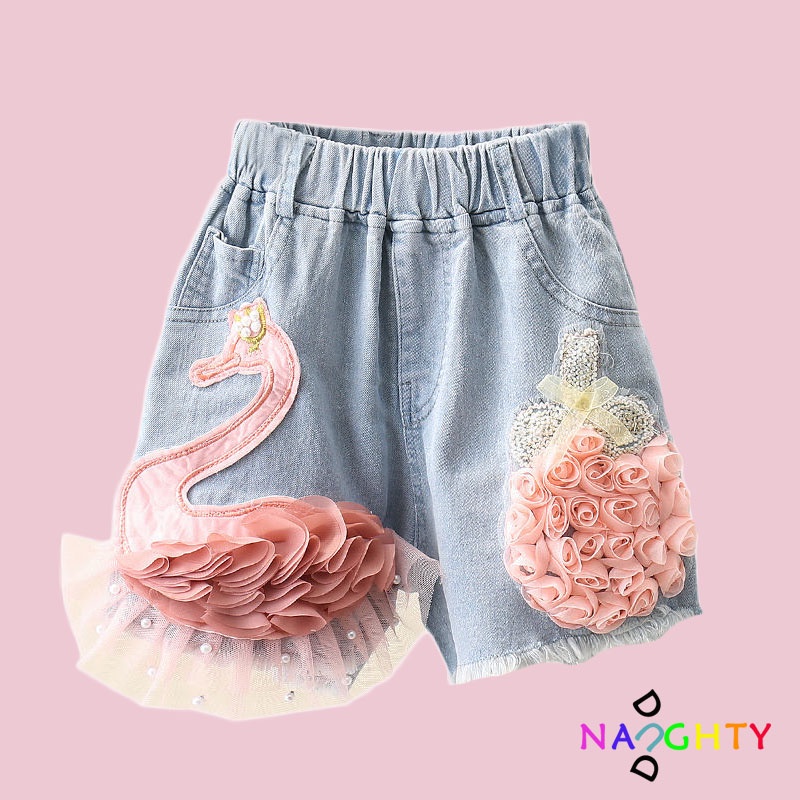 Quần Short Denim Họa Tiết Thiên Nga Thời Trang Cho Bé Gái 3-13 Tuổi