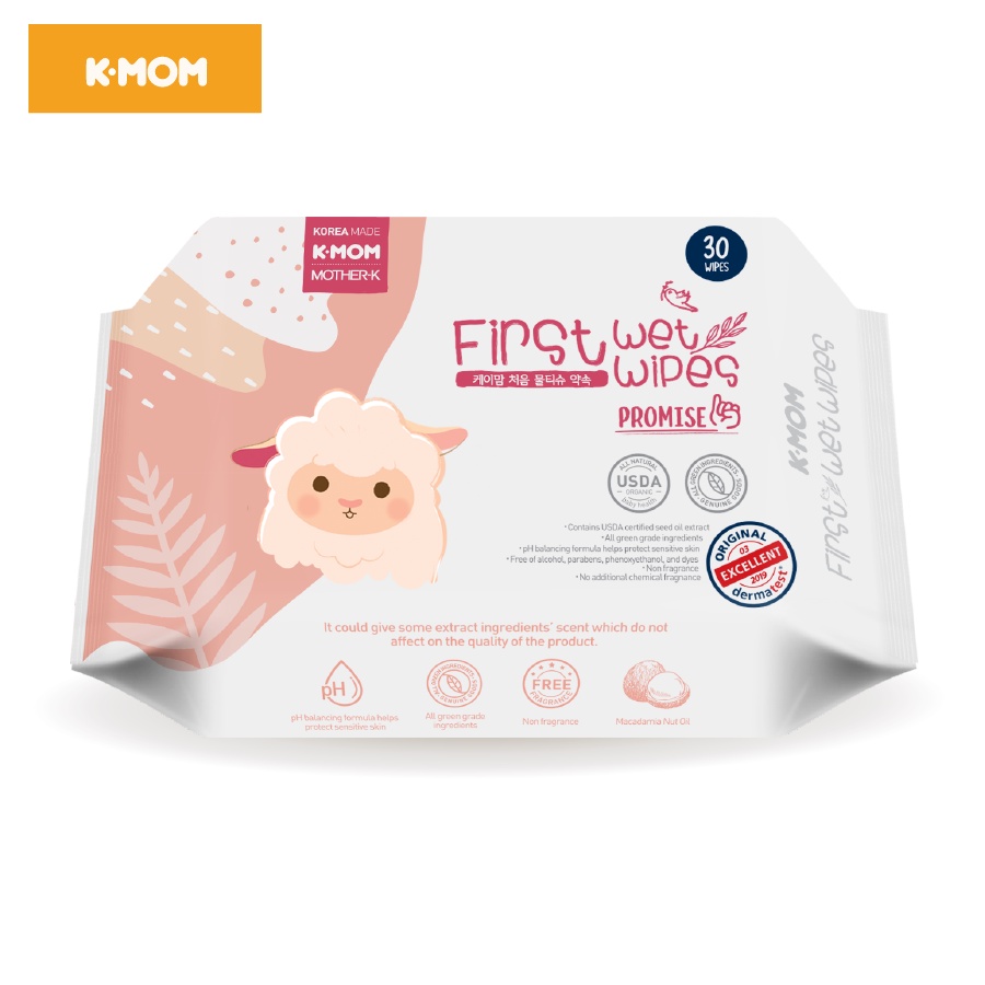 Khăn ướt cao cấp K-Mom chất liệu cotton tự nhiên siêu mềm gói 30 chiếc