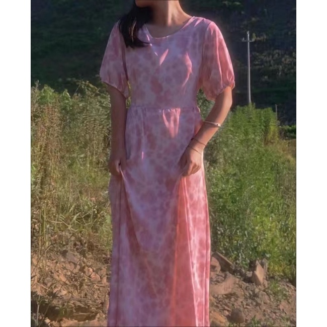 Váy baby doll hoa nhí cổ tròn dáng dài