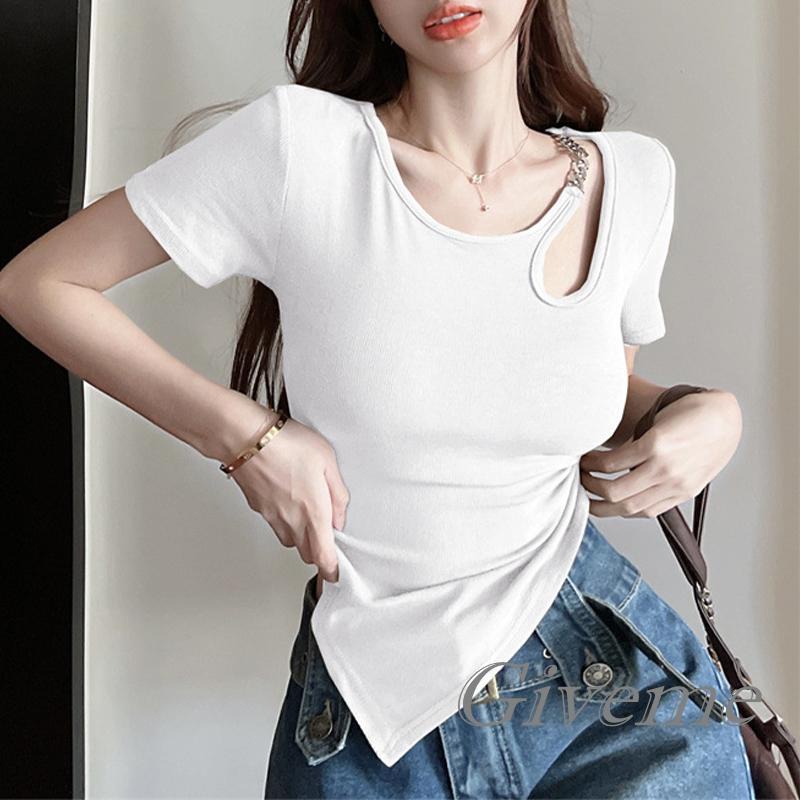 Áo Thun Tay Ngắn Phối Dây Xích Kim Loại Thời Trang Xuân Hè Cho Nữ