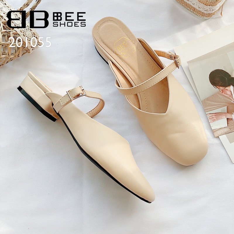 BEESHOES - SỤC NỮ MŨI VUÔNG QUAI NGANG DA LÌ - SỤC NỮ ĐẾ BỆT ĐI SIÊU ÊM SIÊU MỀM SẴN MÀU ĐEN - BE - TRẮNG 201055